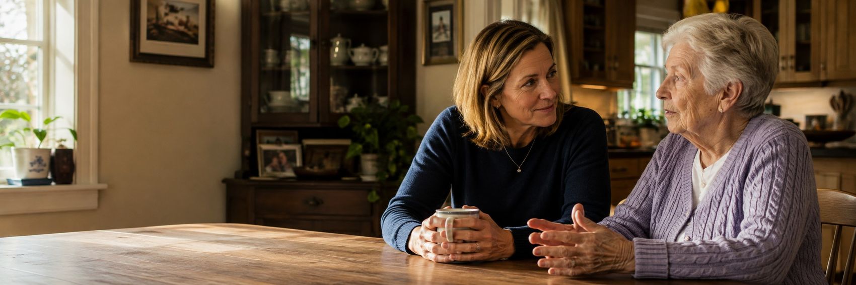 An adult daughter sitting at a kitchen table with her mother